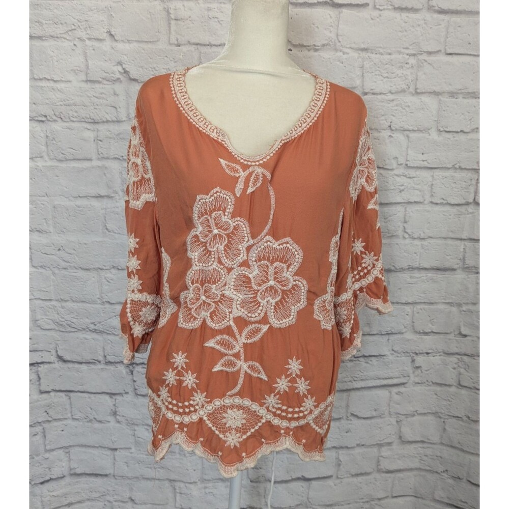 SOLITAIRE Embroidered Boho Top‎ Juniors Large Orange Peach Hippie Festival